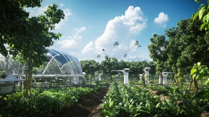 A global farming system using solar-powered robots adapted to diverse climates, ensuring efficient food production from tropics to arctic zones.

