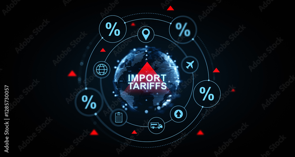 Poster import tariffs digital concept with global trade symbols. 3d rendering