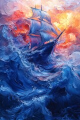 A painting of a ship in the middle of a stormy sea