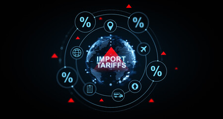 Fototapeta premium Import tariffs digital concept with global trade symbols. 3D Rendering