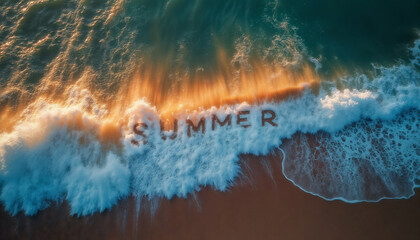 an impressive seascape view from above, a large and beautiful ocean wave on the beach, at sunset, sunlight and wind breaking through the crest of the wave, beautiful nature as a background