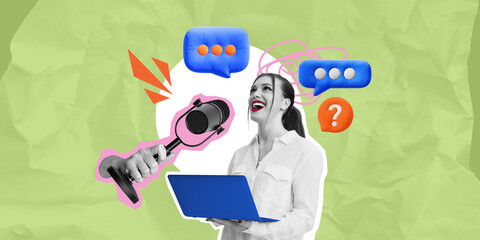 Woman with laptop and microphone on abstract background.