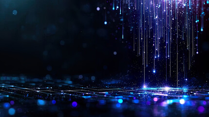 Neon Digital Rain Over 3D Geometric Grid with Glowing Distortion Effects in Cyberpunk Abstract Design
