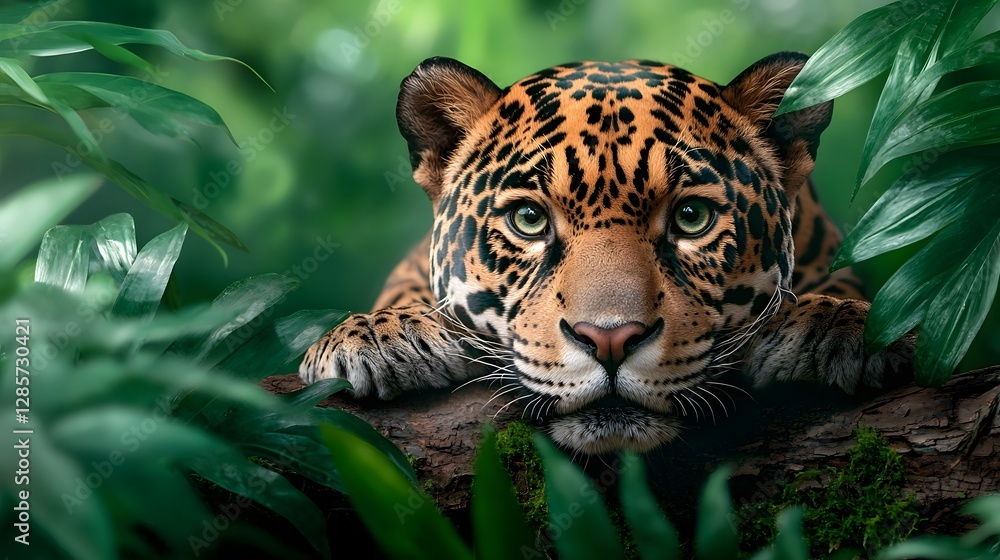 Poster powerful jaguar resting on tree branch blending seamlessly into the shadows and foliage of a lush tr