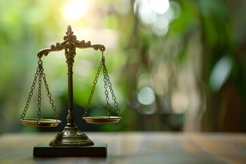 Vintage brass scales symbolizing justice on a wooden table with a blurred green background