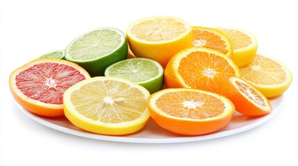 Fototapeta premium A still life of mixed citrus slices including oranges, lemons, and limes, arranged in a radial pattern, isolated on white