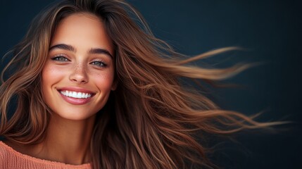 Fototapeta premium Woman with long brown hair and a smile on her face. She is wearing a red shirt