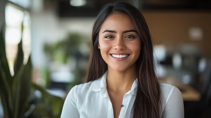Obraz premium A young Hispanic businesswoman smiles confidently at the camera in her office.