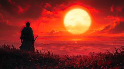 Fototapete This samurai warrior silhouette is beautifully framed by a vibrant sunset landscape © Sang