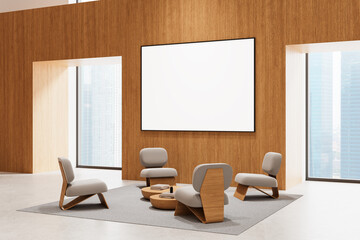 Modern interior with blank poster on wooden wall. 3D Rendering