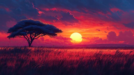 This savanna sunset illustration is perfect for travel posters, safari brochures, or website backgrounds, capturing the beauty of the African plains