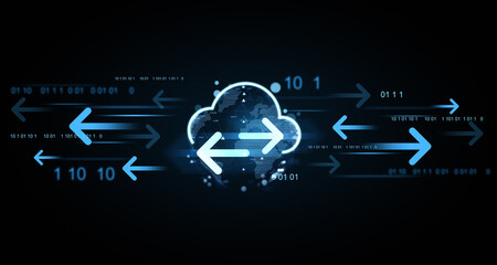 Cloud computing data transfer concept with glowing arrows and digital binary code. 3D Rendering