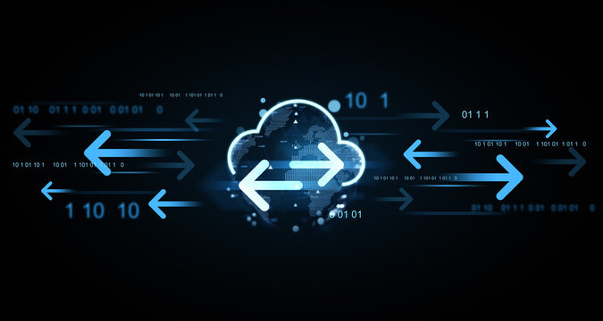 Cloud computing data transfer concept with glowing arrows and digital binary code. 3D Rendering