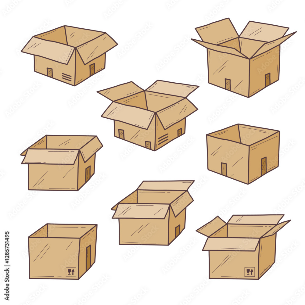 Aufkleber cardboard boxes in various open and closed states convey storage and shipping concepts. doodle style