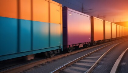 Fototapeta premium Stacked cargo boxes on a moving train, with blurred motion creating a dynamic and vibrant scene