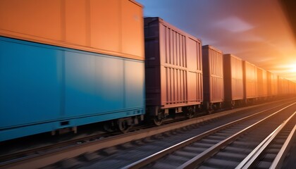 Obraz premium Stacked cargo boxes on a moving train, with blurred motion creating a dynamic and vibrant scene