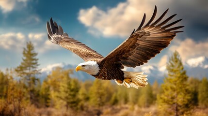 Obraz premium Majestic bald eagle soaring high above a dense pine forest its powerful wings spread wide against the backdrop of a vibrant blue sky