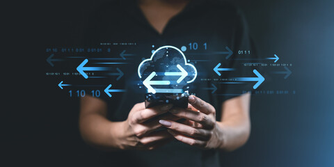 Cloud data transfer concept with glowing arrows.