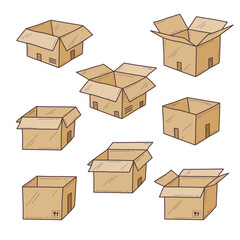 Cardboard boxes in various open and closed states convey storage and shipping concepts. Doodle style