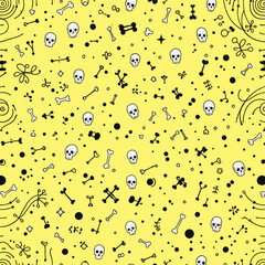 numerous skulls and bones scattered across a yellow background, with some black lines and dots interspersed throughout.