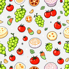 a variety of fruits and vegetables, including grapes, tomatoes, oranges, and a cake, arranged in a repeating design on a white background.