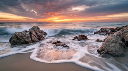 Coastal Sunset Waves on Sandy Shore