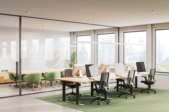 Modern office interior with open workspace and glass-walled meeting room. 3D Rendering
