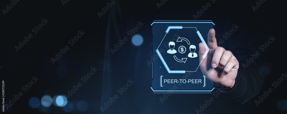 Poster peer-to-peer payment technology hologram on digital interface.