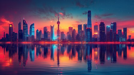 Obraz premium This stunning world city skyline illustration, complete with shimmering reflections, showcases iconic landmarks from around the globe