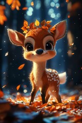 A cute little deer with a wreath of leaves on its head