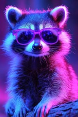 A raccoon wearing sunglasses sitting on a tree branch