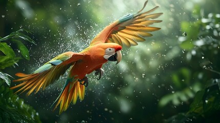 Photograph of a vibrant parrot flying through the lush verdant canopy of a tropical jungle its rainbow hued wings spreading in dynamic motion against the natural foliage backdrop
