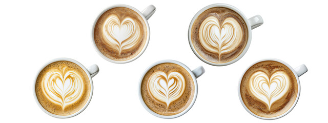 Collection of Five Beautifully Crafted Cups of Coffee with Heart-Shaped Latte Art on a White Background