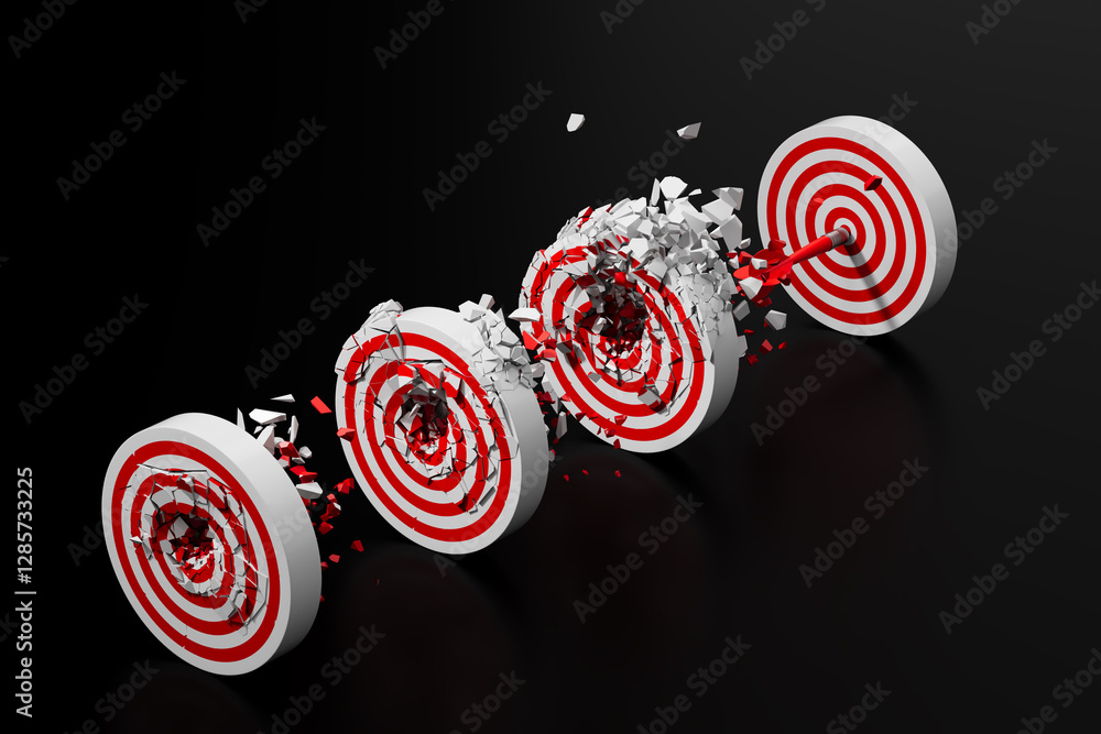 Poster arrow piercing multiple targets in a row, breaking them apart. 3d rendering