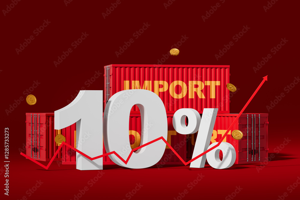 Poster 10 percent import tariffs increase concept with red containers and coins. 3d rendering