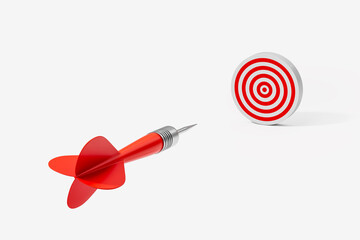 Red dart flying towards a red and white target on a white background. Concept of precision,...