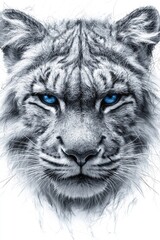 A drawing of a white tiger with blue eyes