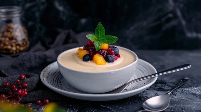 Malian degue creamy millet dessert gourmet kitchen food photography cozy setting close-up culinary delights