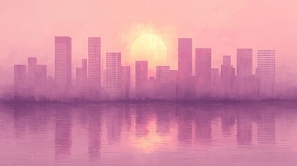 Fototapeta premium A city skyline is reflected in the water at sunset
