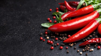 Red chili peppers and peppercorns on dark stone background