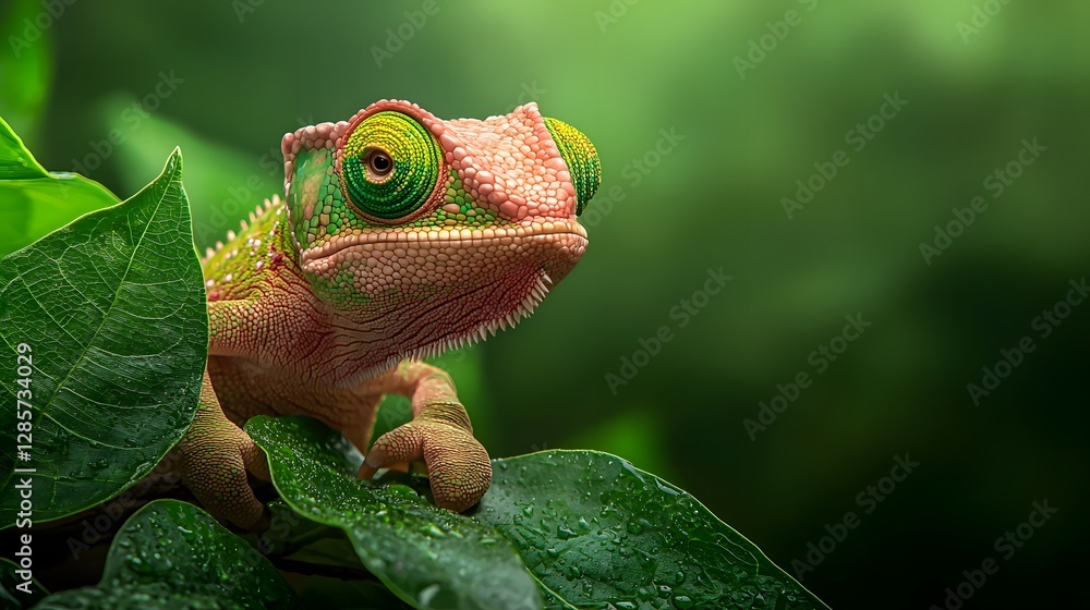 Poster close up photograph of a chameleon perfectly camouflaged on a tree branch in a dense vibrant jungle 
