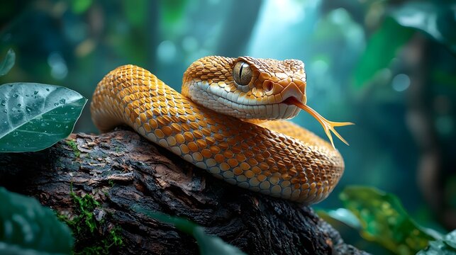 Photograph of a venomous viper coiled tightly around the trunk of a tree in the heart of a lush verdant rainforest  The snake s scales glisten in the dappled light