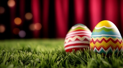 Fototapeta premium Two colorful easter eggs sitting on top of a lush green field