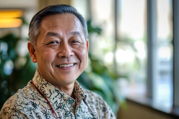 Obraz premium Mature asian male smiling indoors in casual shirt