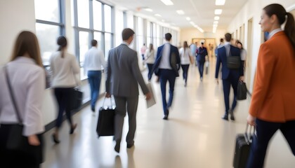 Blurred image of teachers walking in a school hallway , with backpacks and coats , suggesting a busy school environment