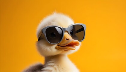 A fluffy duckling wearing large sunglasses against a bright background