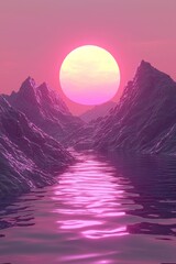 A pink sunset over a body of water with mountains in the background