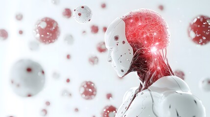 Futuristic humanoid robot with glowing brain amidst digital spheres