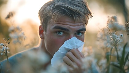 A young man blowing his nose in the floral setting