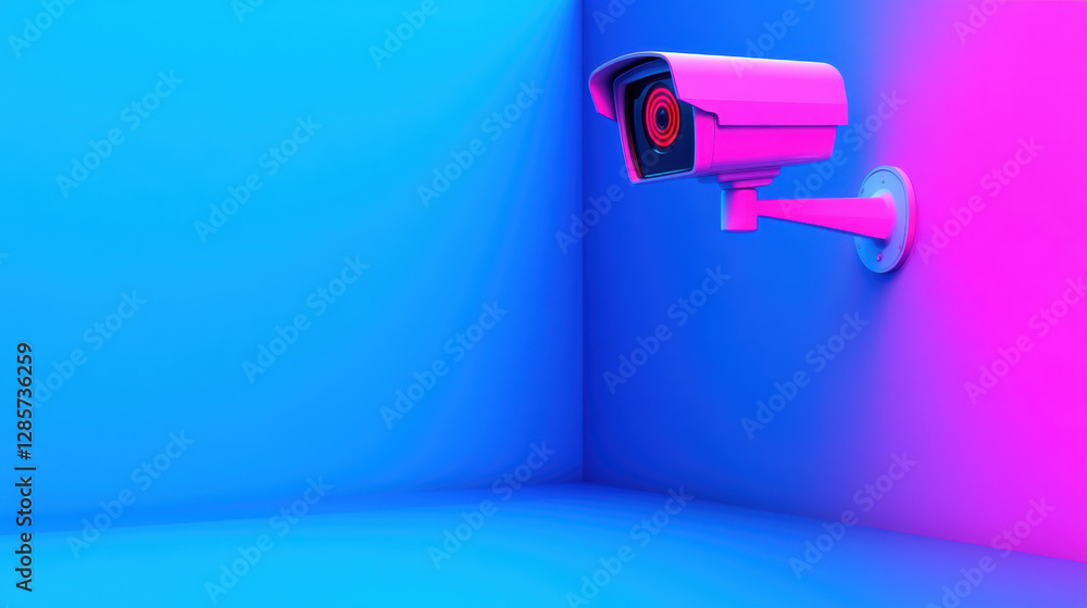Poster a cctv camera with a blinking red light in a dark setting, captured in high fidelity.
